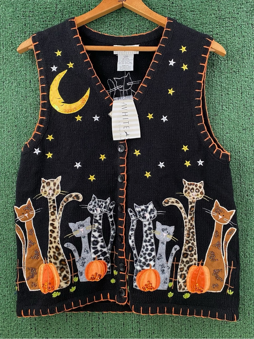 New VTG Halloween Cat Cats Pumpkin Embroidered Embellished Sweater Vest SZ Small